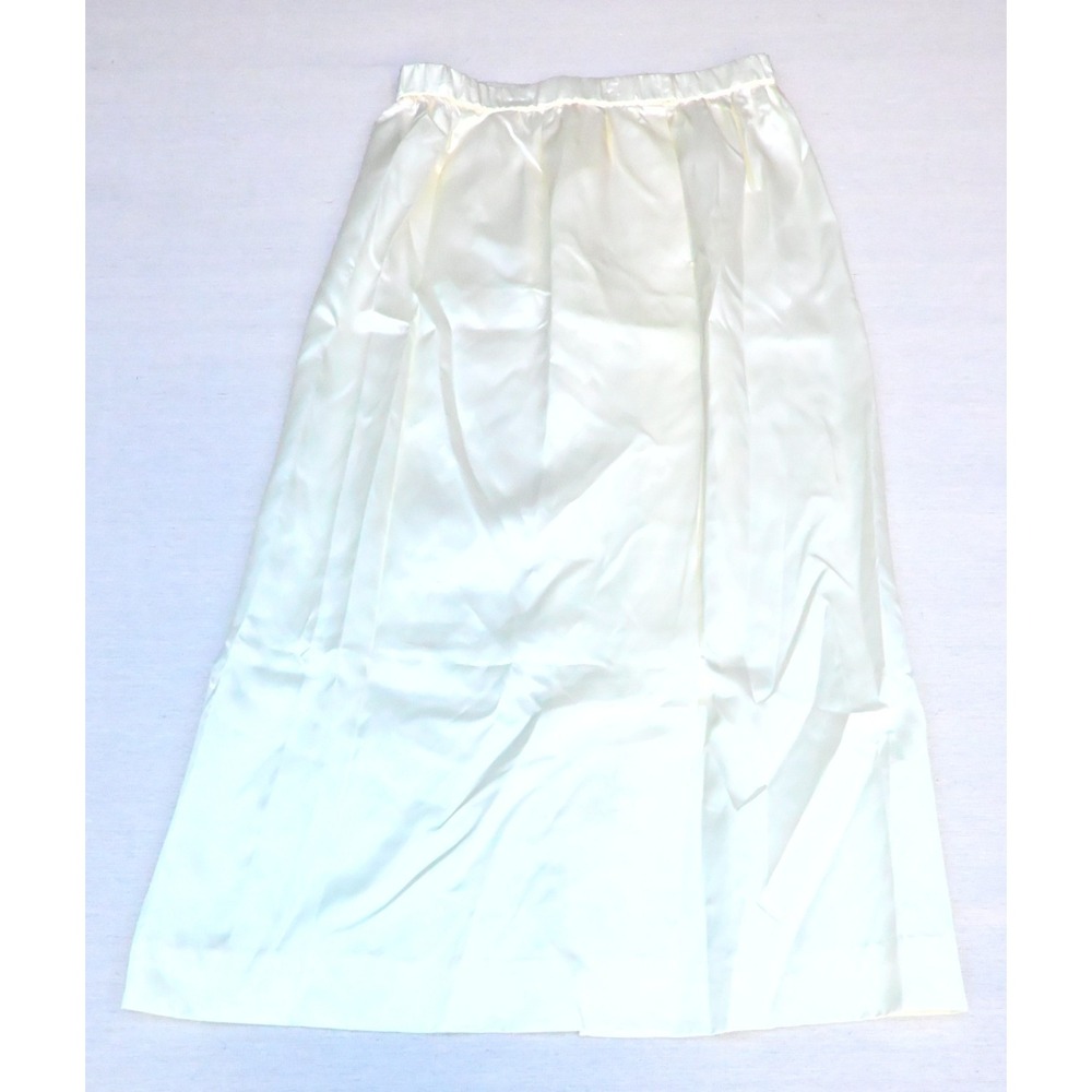 Womens Ivory Satin A Line Midi Skirt Gored Gathered Waist Faux Pearl Button